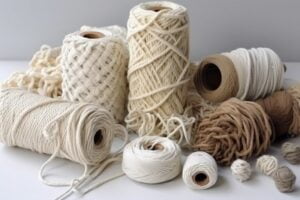 Macrame material for creativity, rope and wooden blanks on a white table