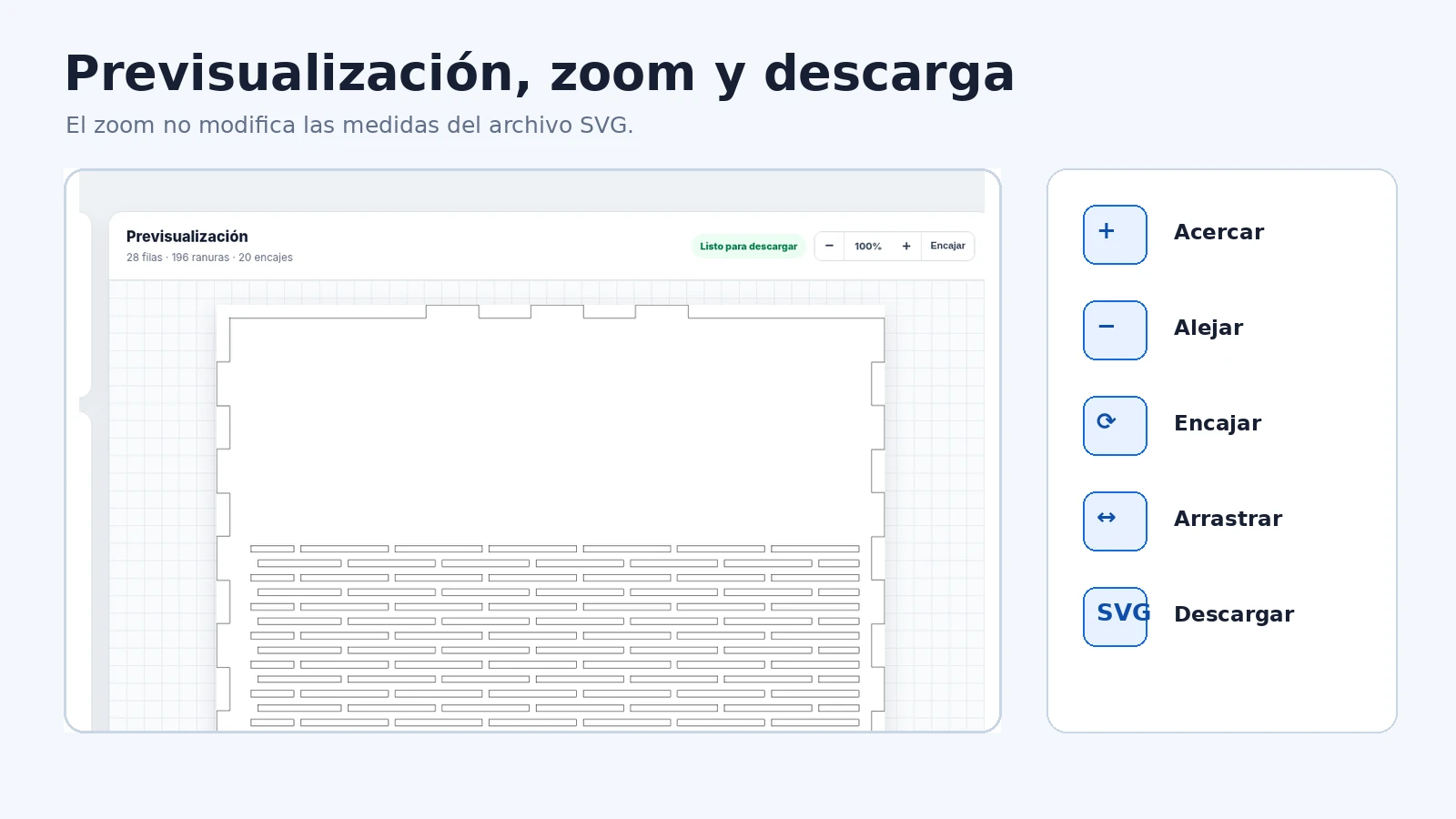 Previsualización y zoom del generador de bisagra flexible para corte láser